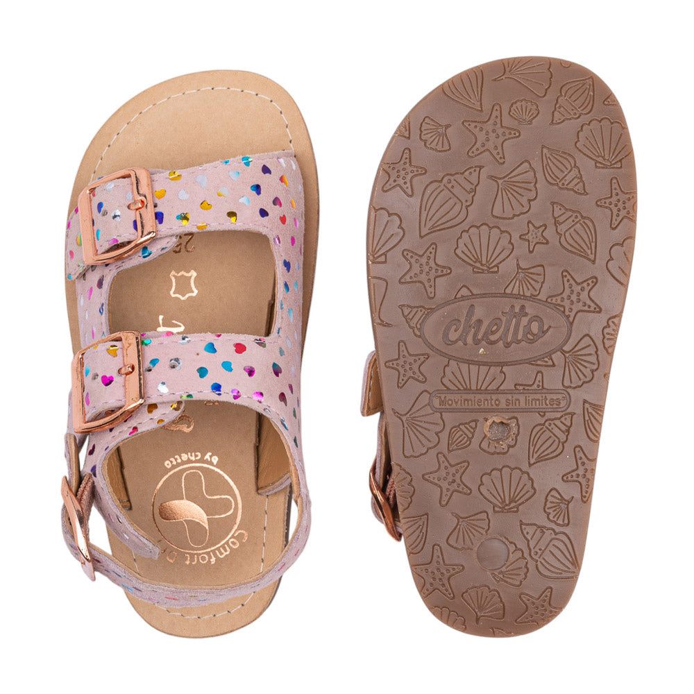 Sandalia barefoot piel rosa con corazones multicolor - Chetto