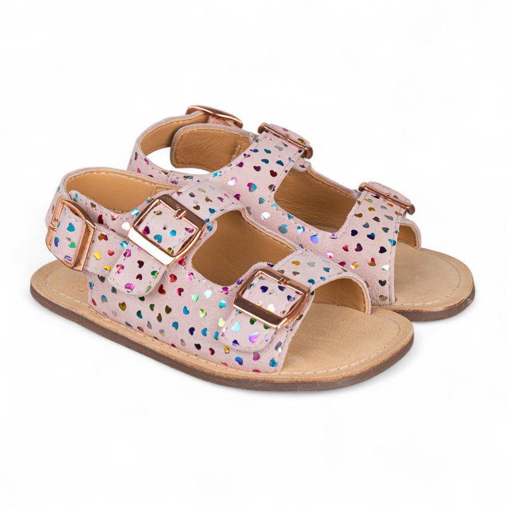 Sandalia barefoot piel rosa con corazones multicolor - Chetto