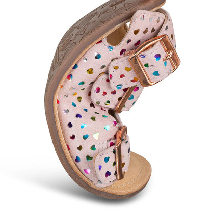 Sandalia barefoot piel rosa con corazones multicolor - Chetto