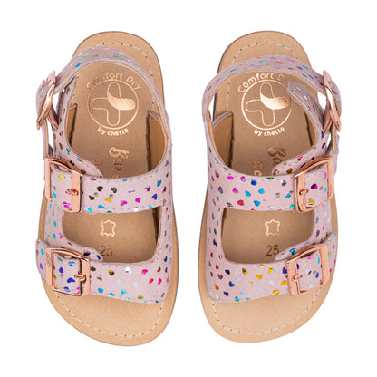 Sandalia barefoot piel rosa con corazones multicolor - Chetto